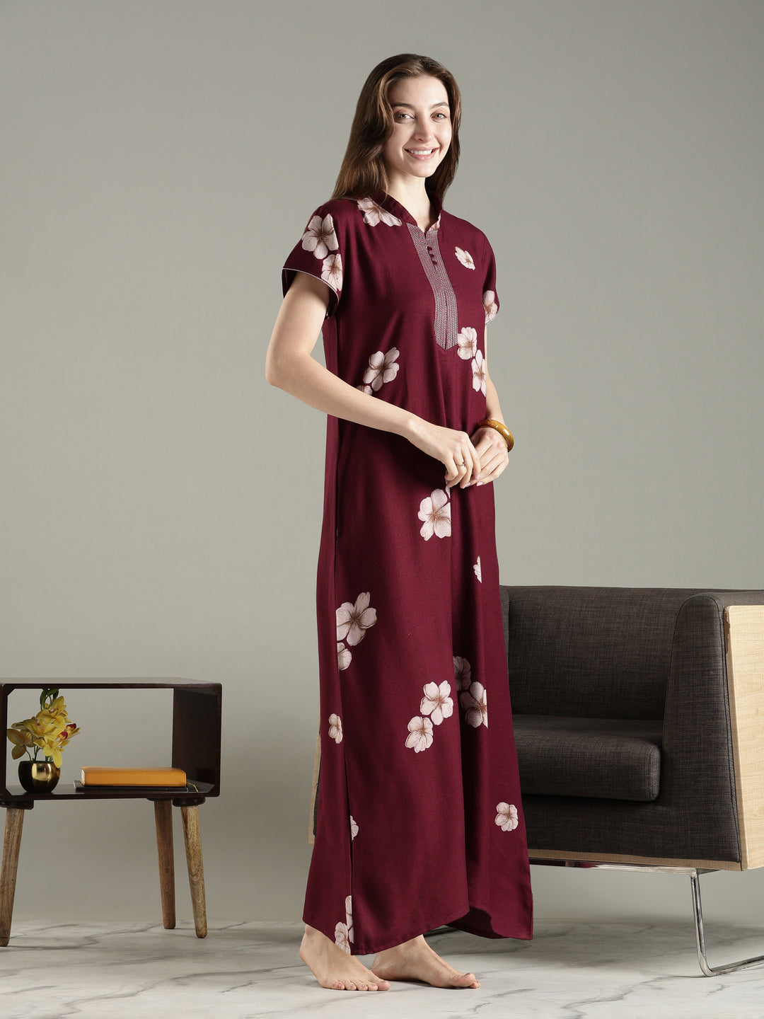Dark maroon alpine floral a-line nighty dress for women