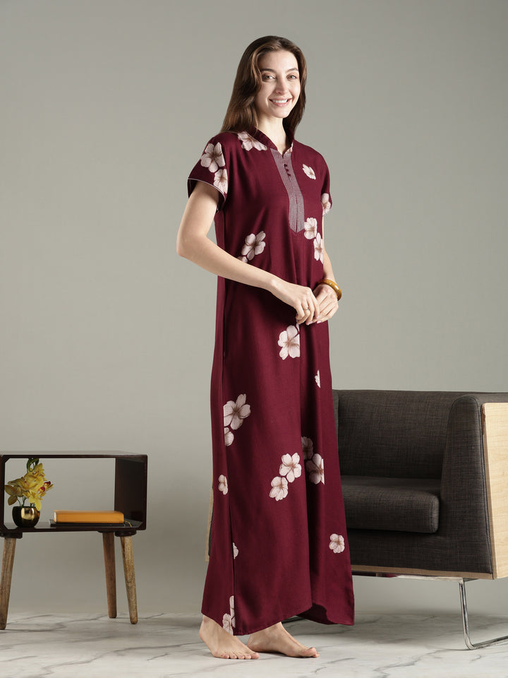 Dark maroon alpine floral a-line nighty dress for women
