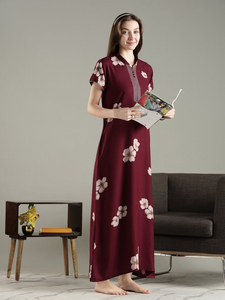 Dark maroon alpine floral a-line nighty dress for women