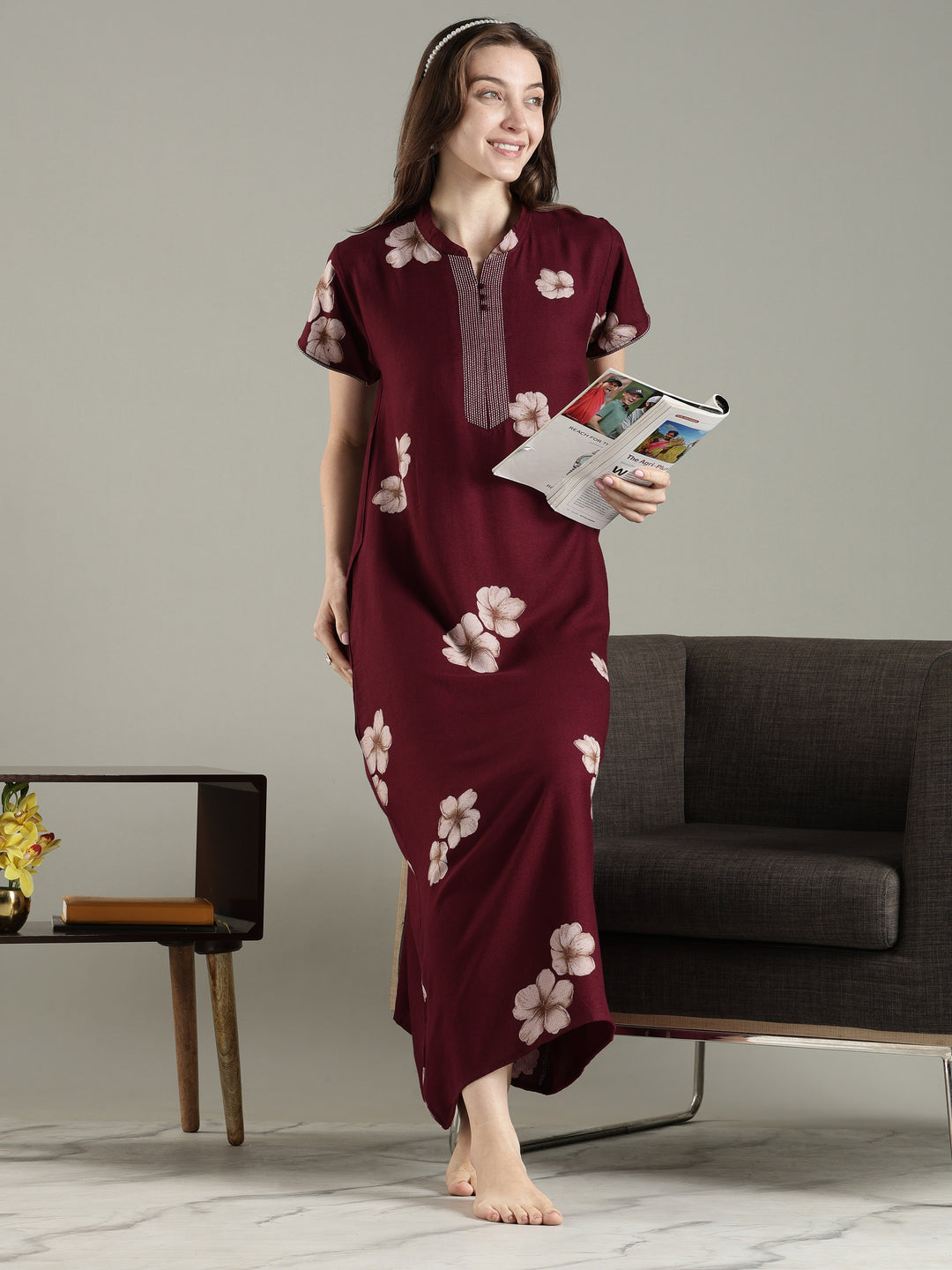 Dark maroon alpine floral a-line nighty dress for women