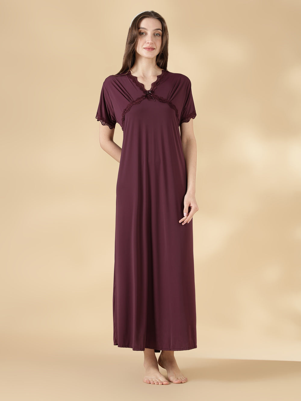 Malai satin designer nightwear for women in dark purple