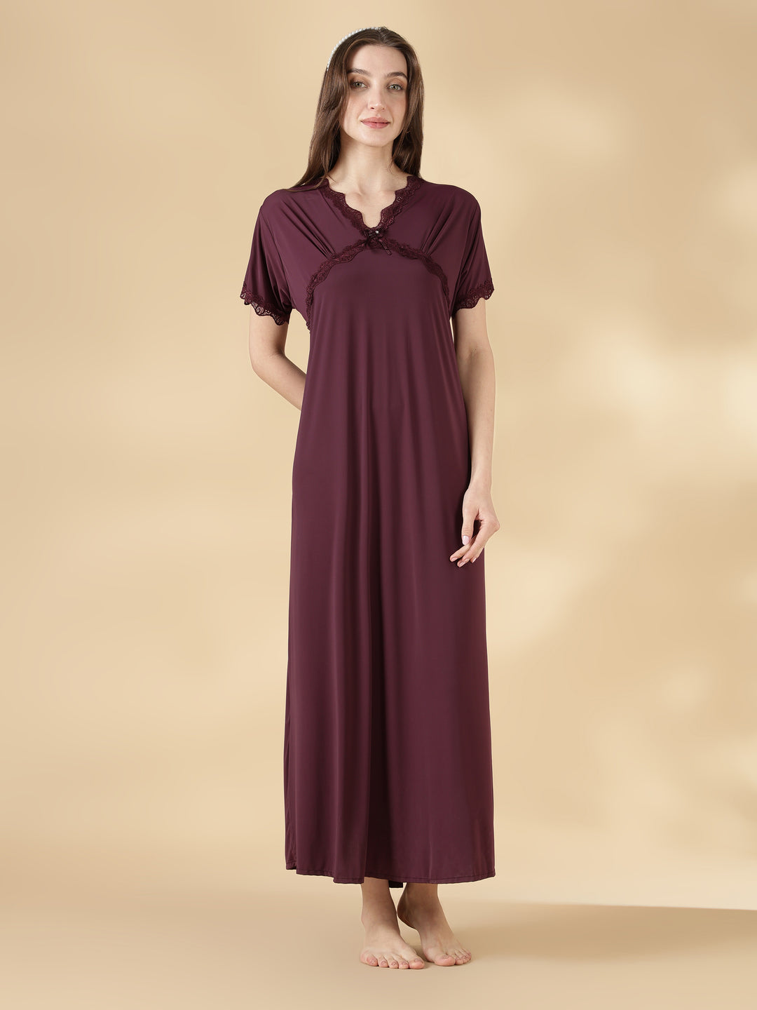 Malai satin designer nightwear for women in dark purple