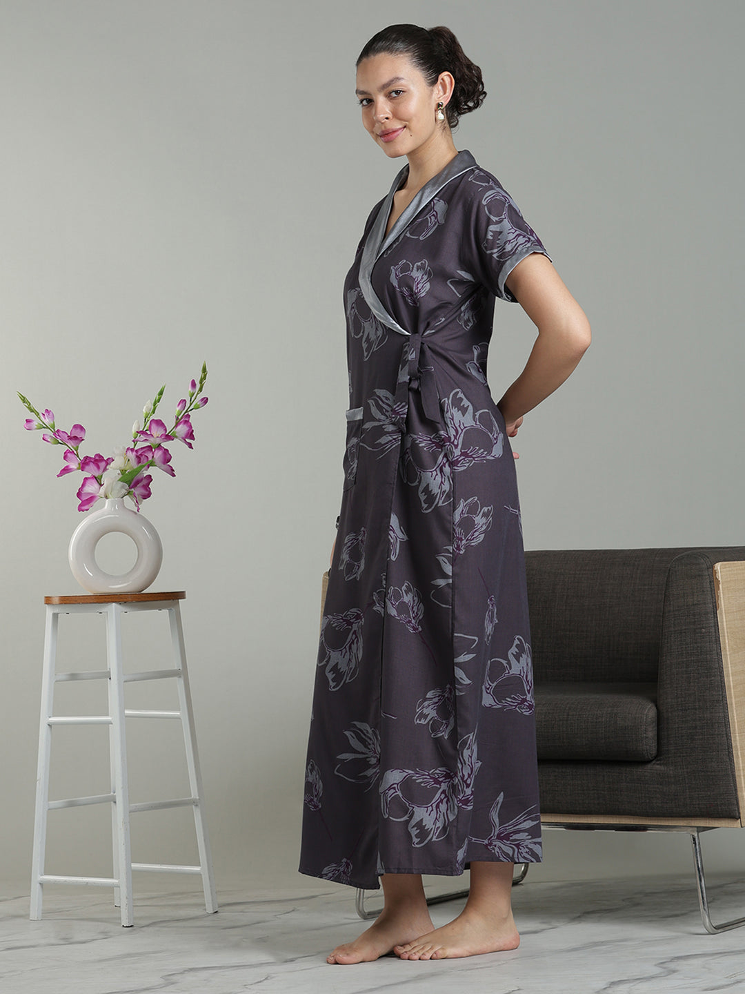 Plum Mist Viscose Blend Housecoat with Floral Sketch Print for Women