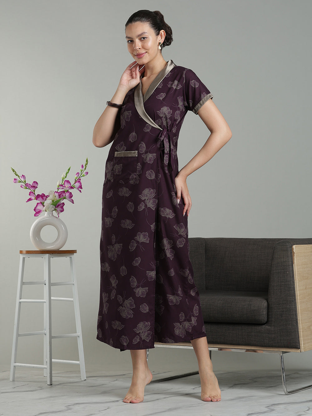 Dark wine viscose blend premium quaity housecoat for women