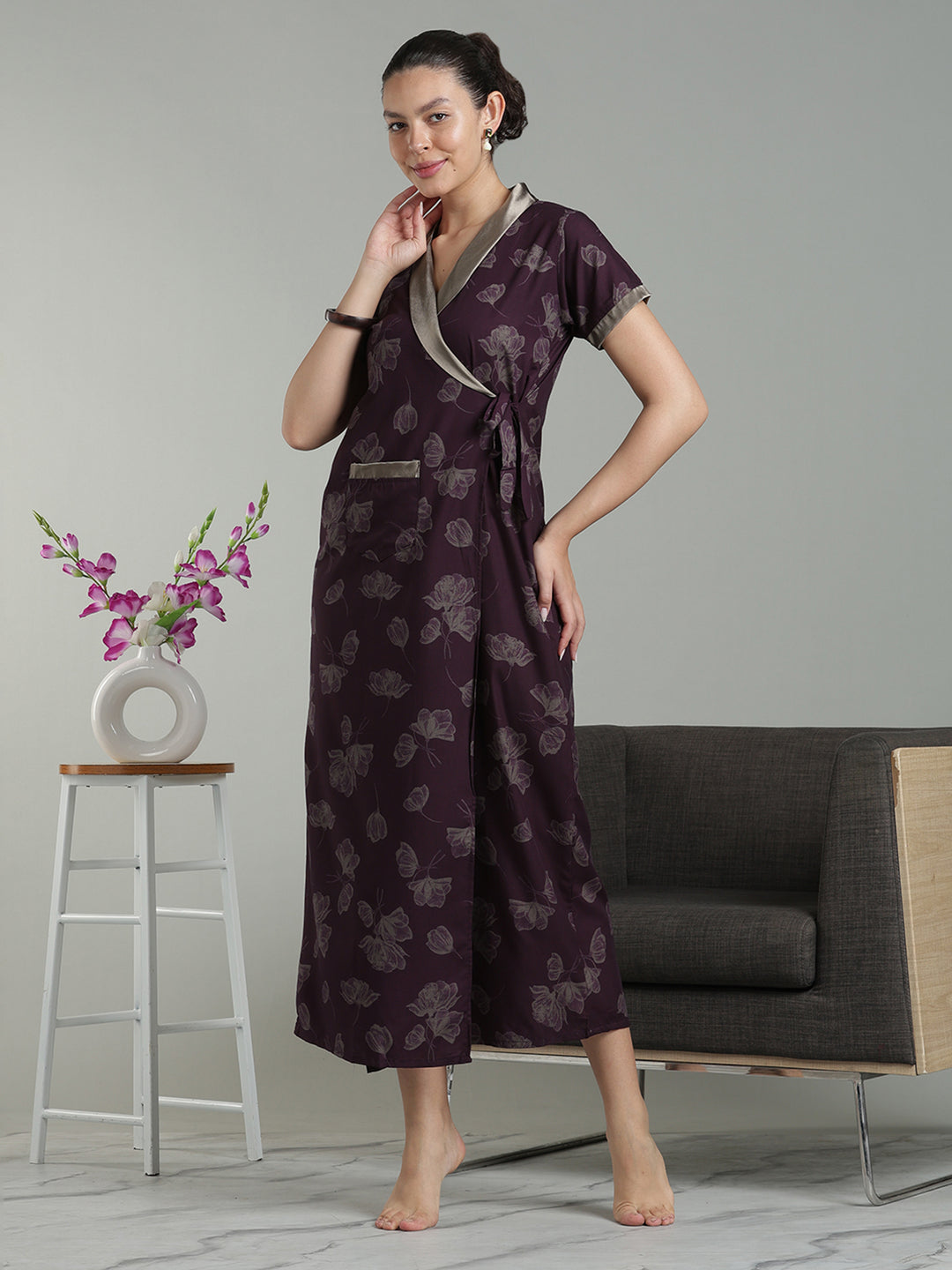 Dark wine viscose blend premium quaity housecoat for women