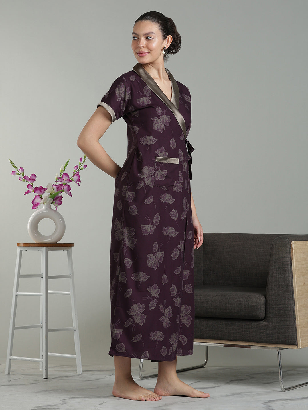 Dark wine viscose blend premium quaity housecoat for women