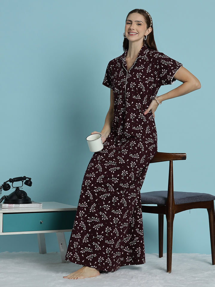 Deep maroon hosiery cotton nighty dress for women