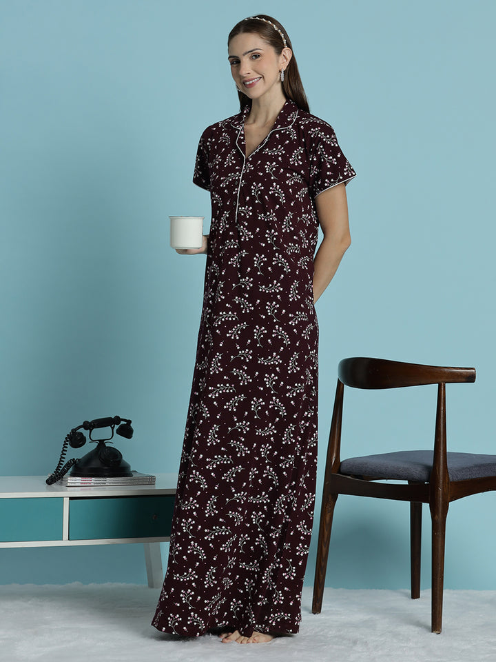 Deep maroon hosiery cotton nighty dress for women