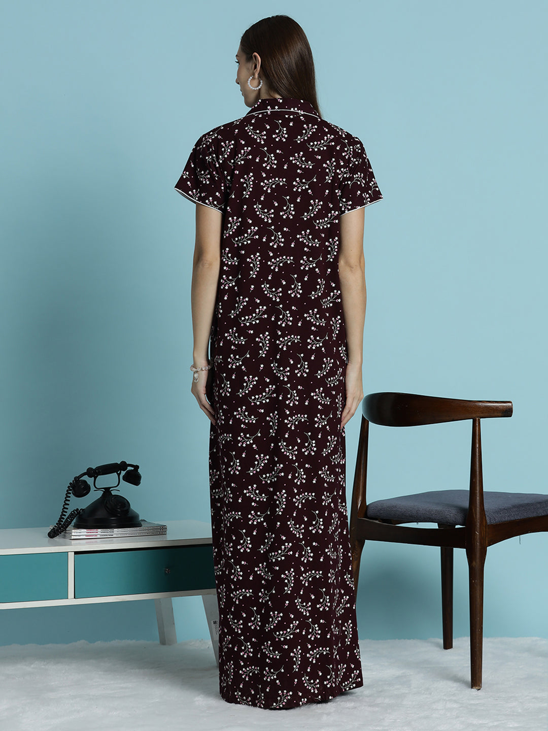 Deep maroon hosiery cotton nighty dress for women