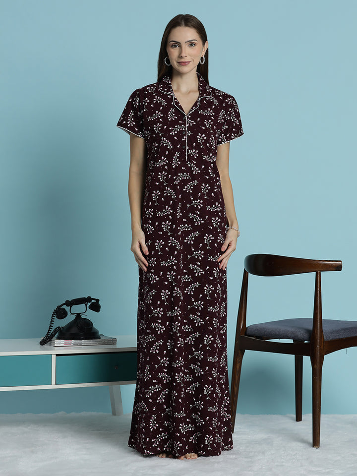 Deep maroon hosiery cotton nighty dress for women