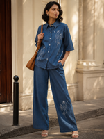 Light Blue Denim Co Ord Set for Women with Floral Embroidery