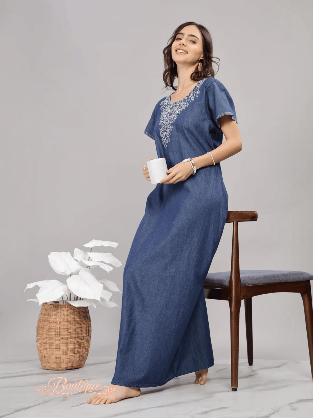 Blue Embroidered Denim Cotton Nighty for Women
