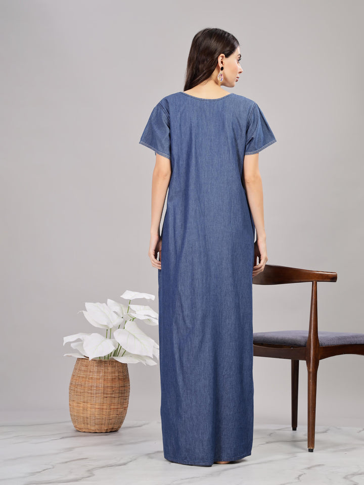 Blue Embroidered Denim Cotton Nighty for Women