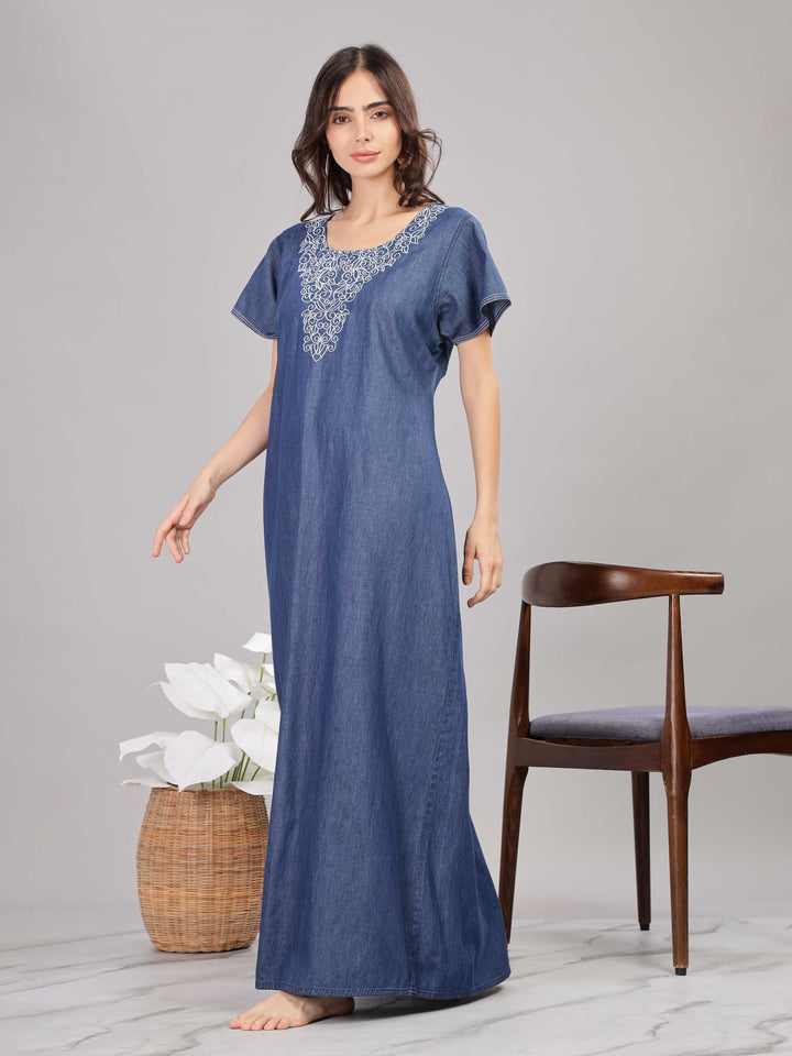 Blue Embroidered Denim Cotton Nighty for Women