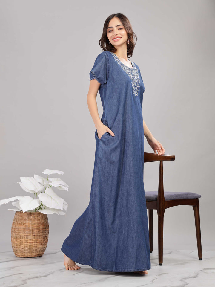 Blue Embroidered Denim Cotton Nighty for Women