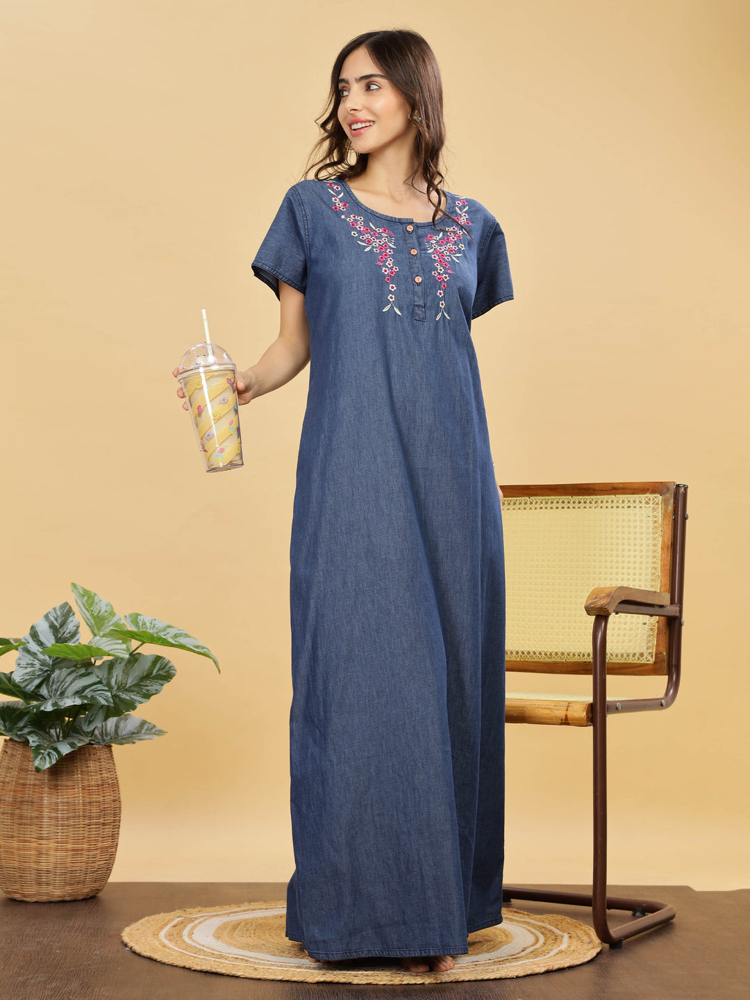 Denim cotton nighty with pink floral embroidery online