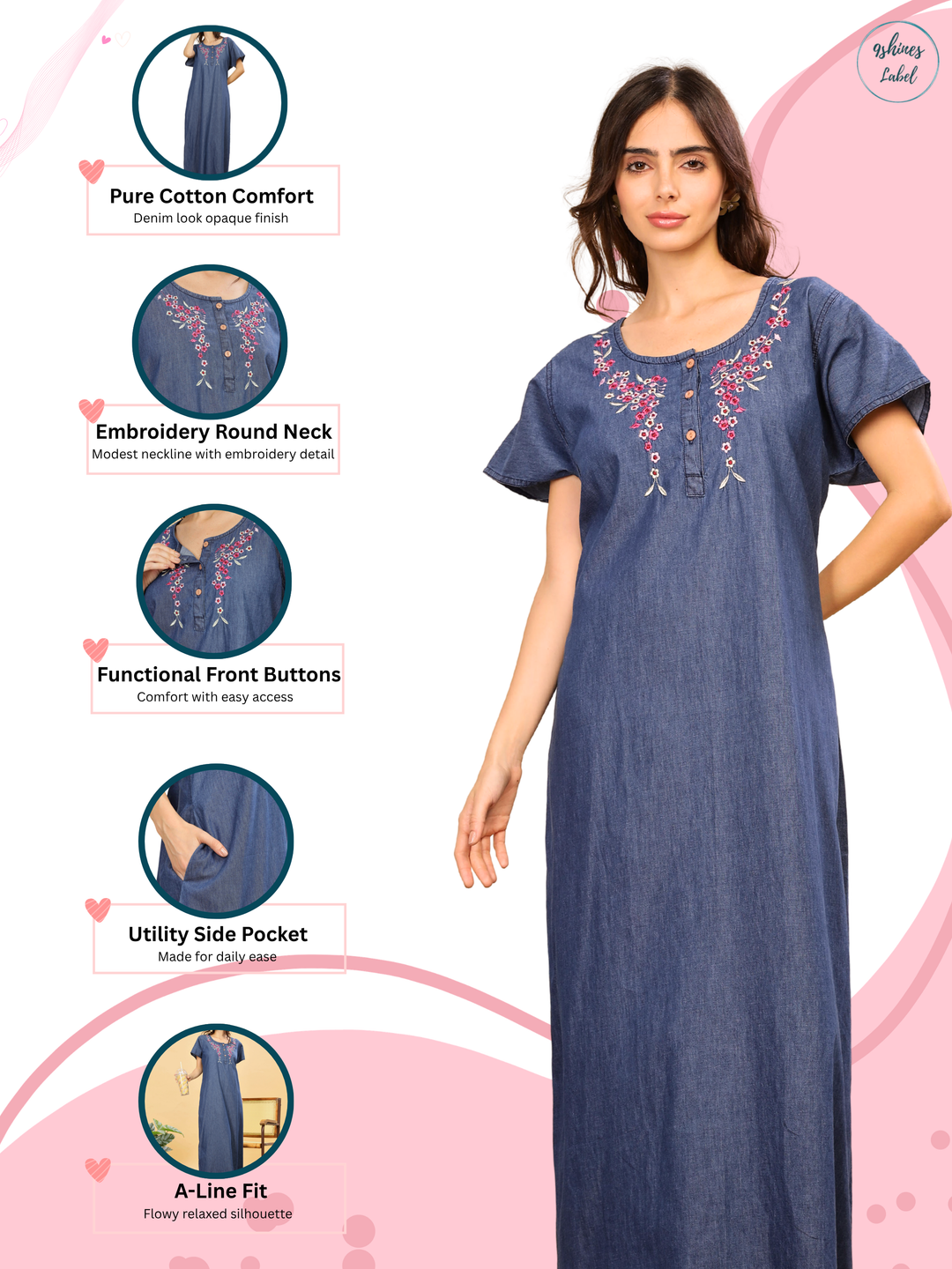 Denim cotton nighty with pink floral embroidery online