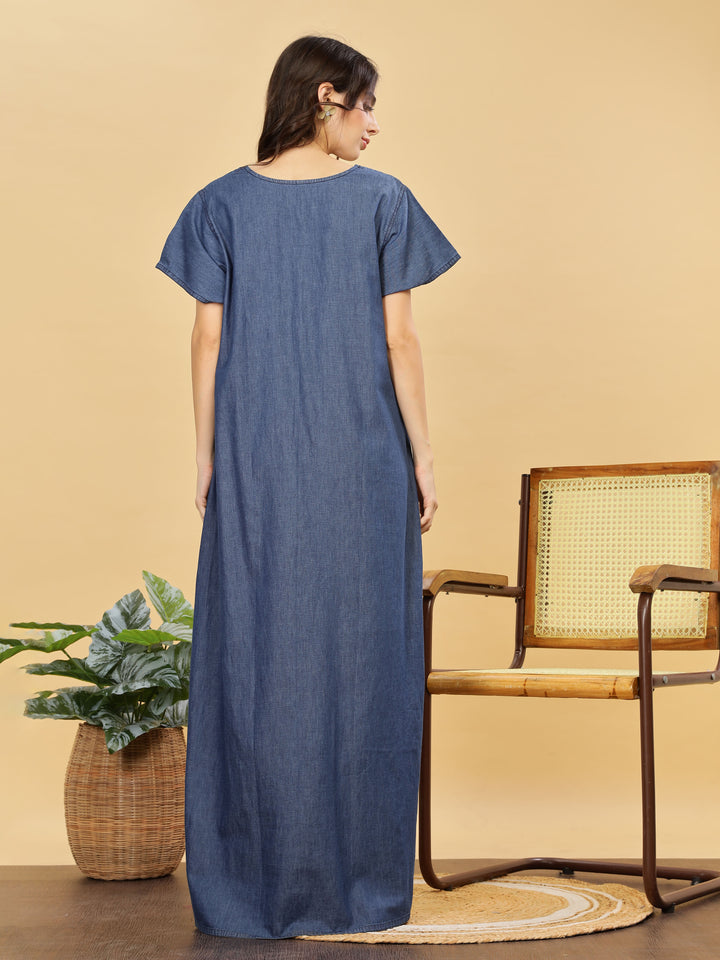 Denim cotton nighty with pink floral embroidery online