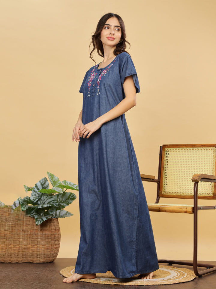 Denim cotton nighty with pink floral embroidery online
