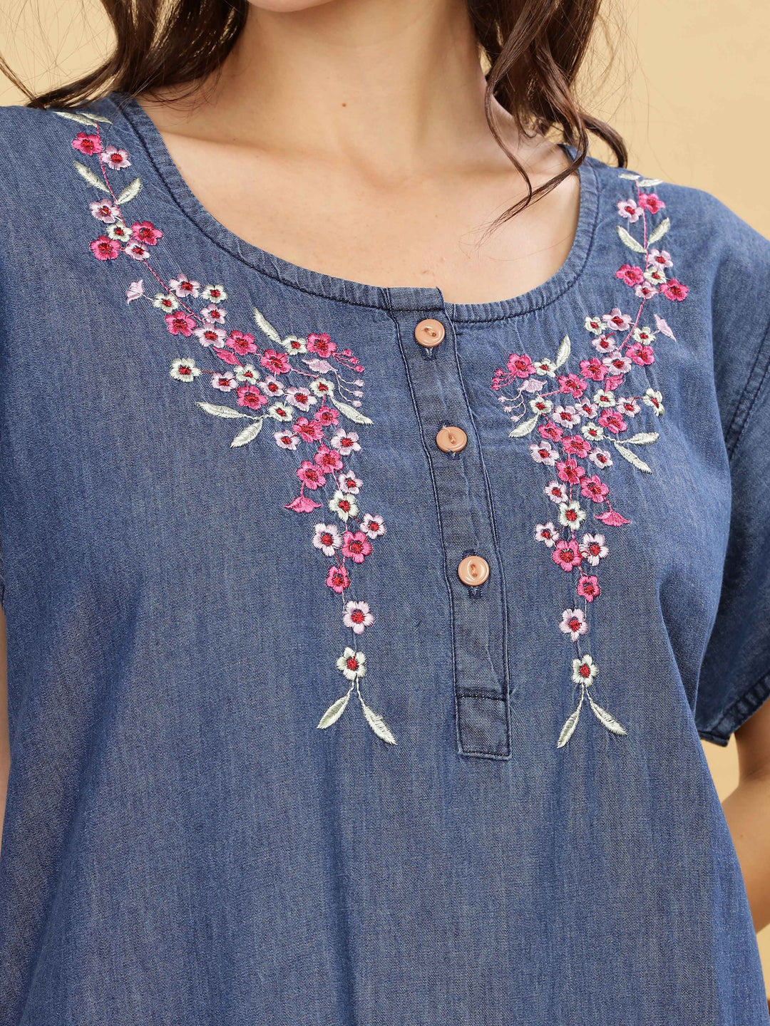 Denim cotton nighty with pink floral embroidery online