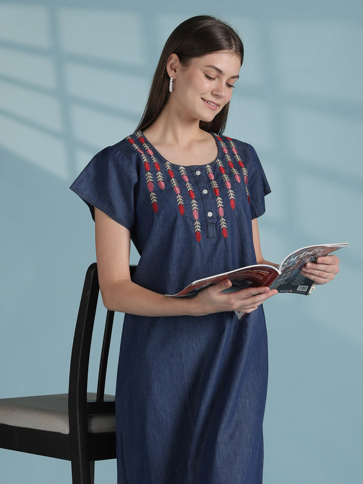 Dark blue denim inspired cotton nighty with vine embroidery