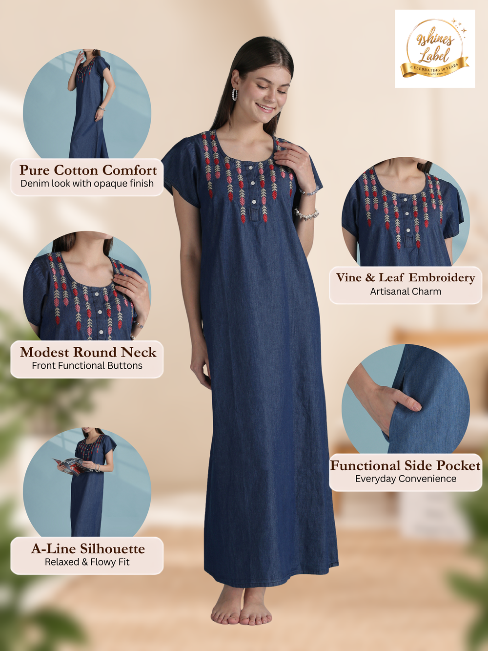 Dark blue denim inspired cotton nighty with vine embroidery