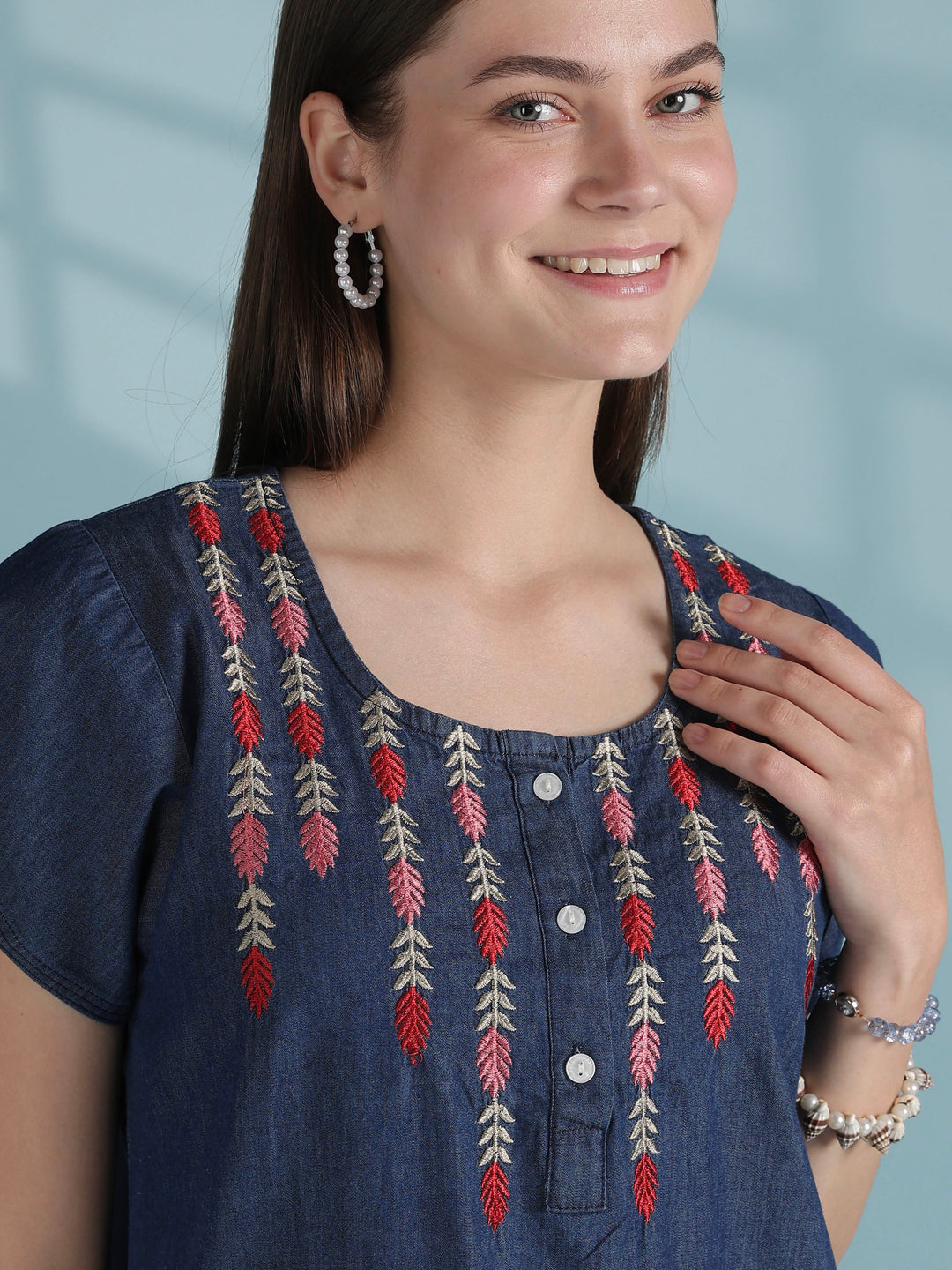 Dark blue denim inspired cotton nighty with vine embroidery