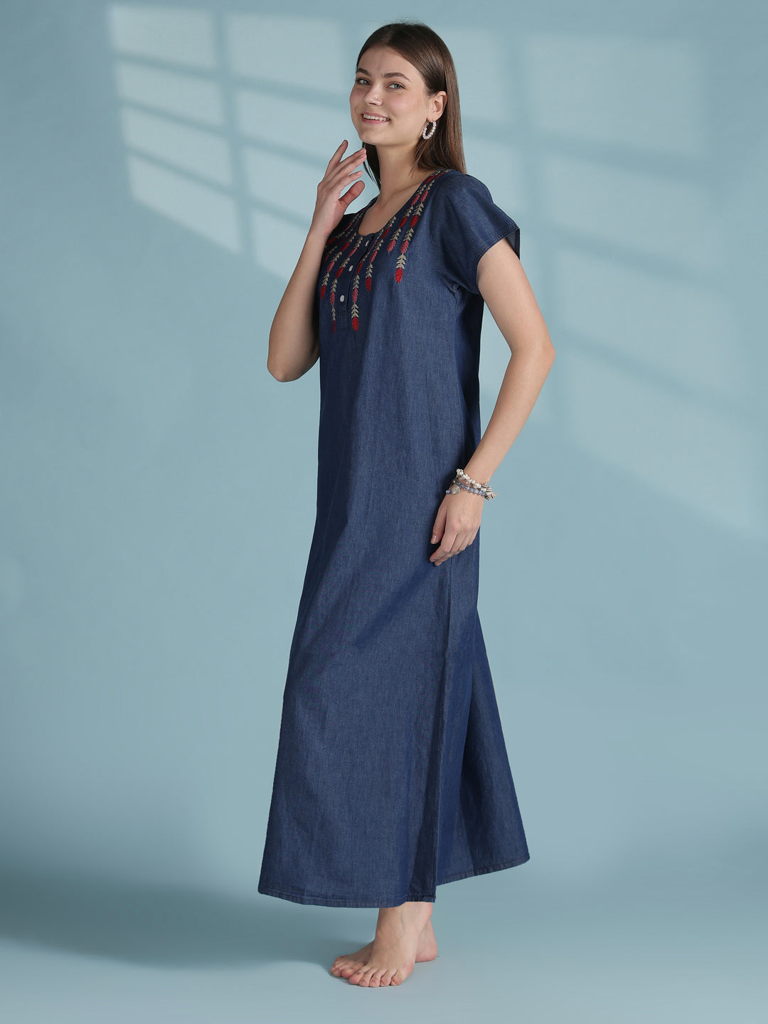 Dark blue denim inspired cotton nighty with vine embroidery