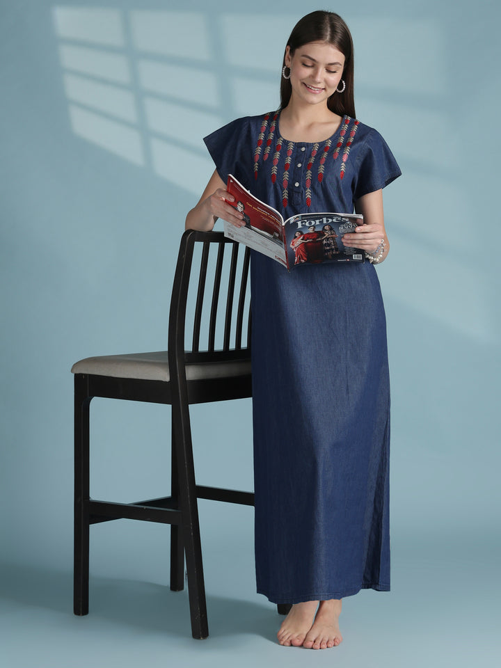 Dark blue denim inspired cotton nighty with vine embroidery