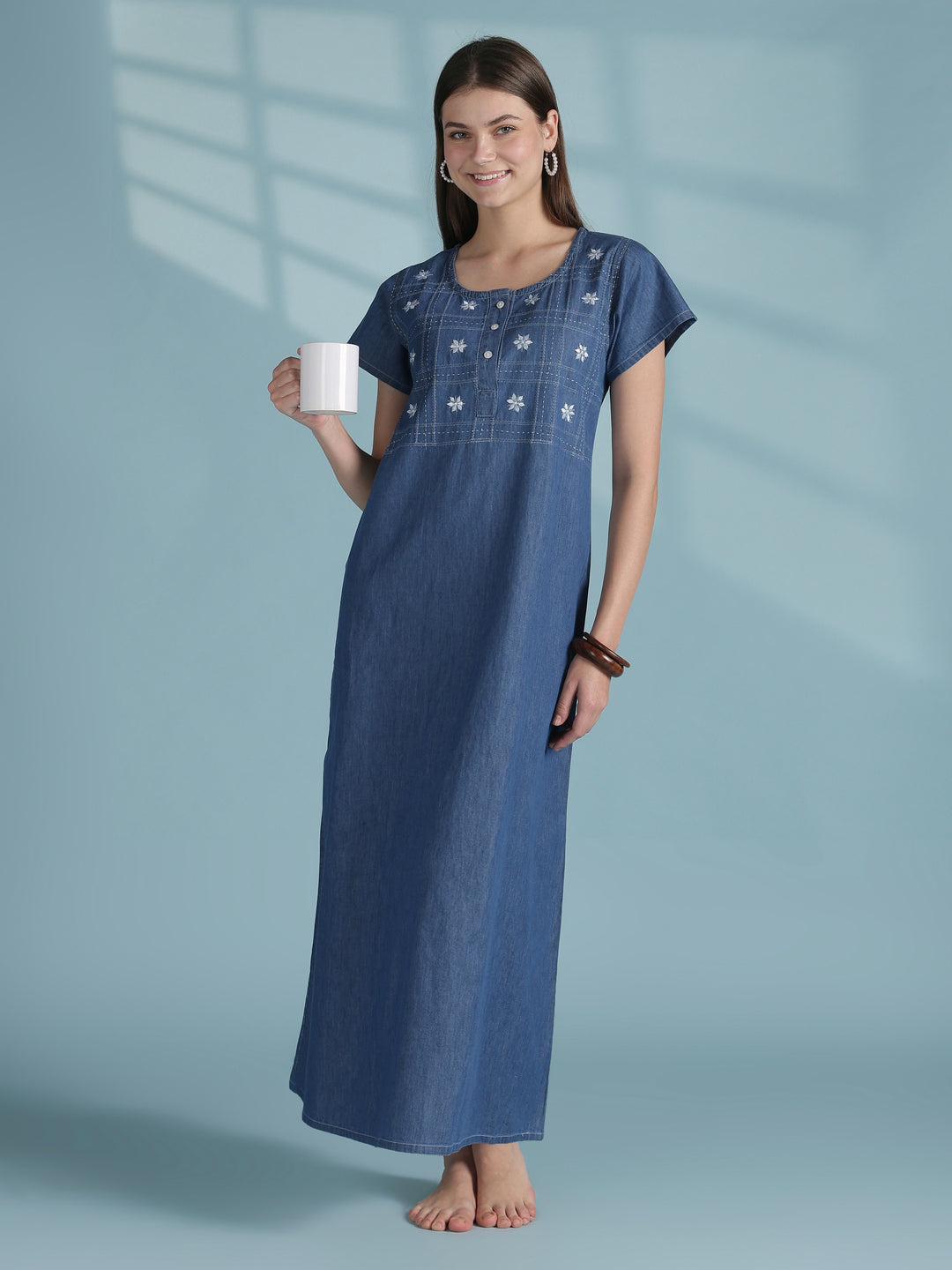 Sky blue grid embroidered denim nighty dress for women