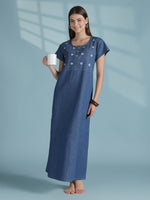 Fresh Sky Blue Nightdress with Crafted Embroidered Neck Detail