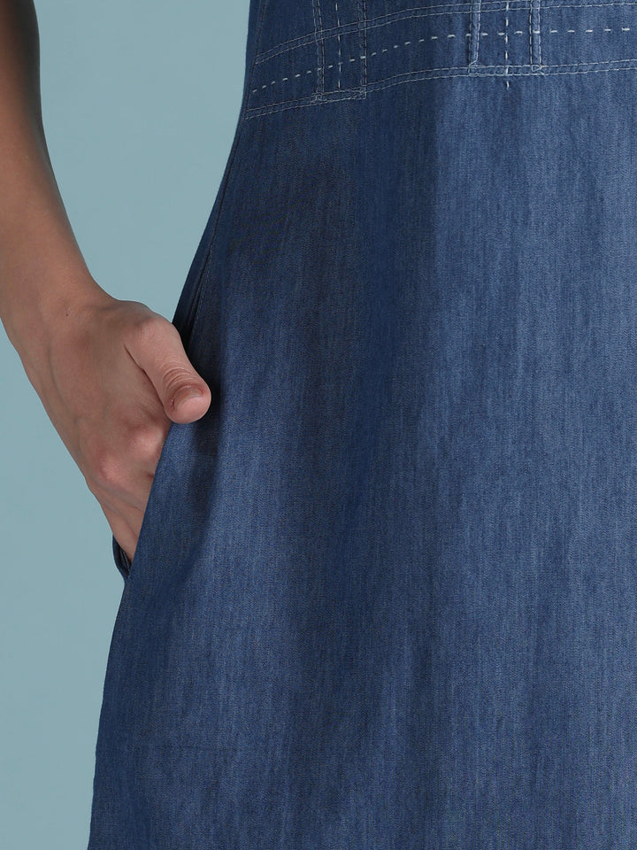 Sky blue grid embroidered denim nighty dress for women