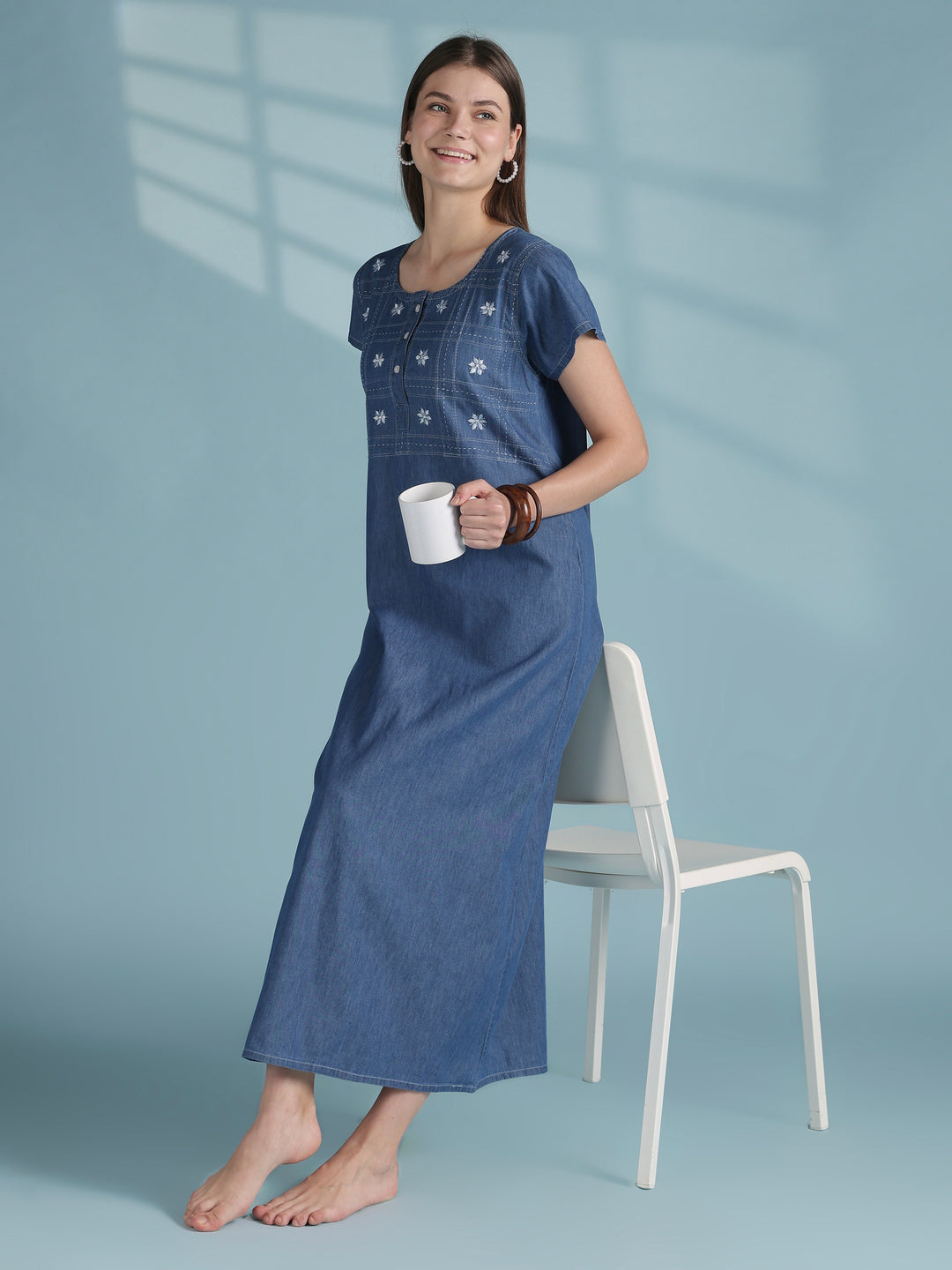Sky blue grid embroidered denim nighty dress for women