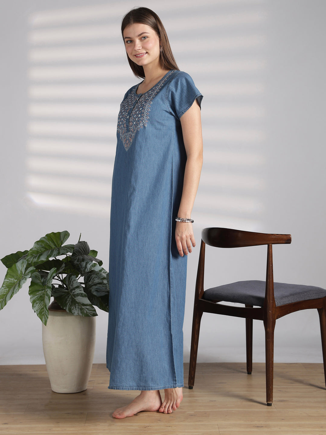 Sky blue denim feel nighty for women with embroidery