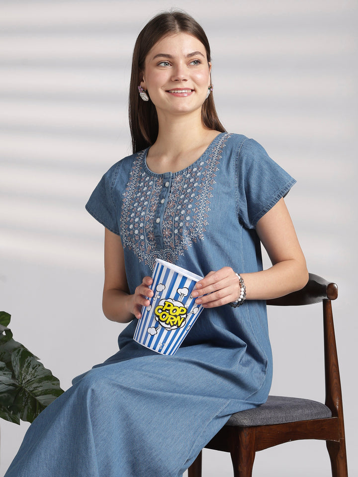 Sky blue denim feel nighty for women with embroidery