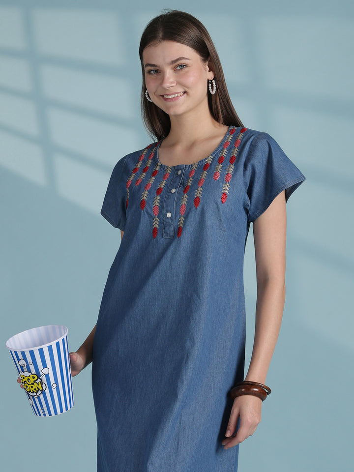 Sky blue denim nighty for women with embroidered neck