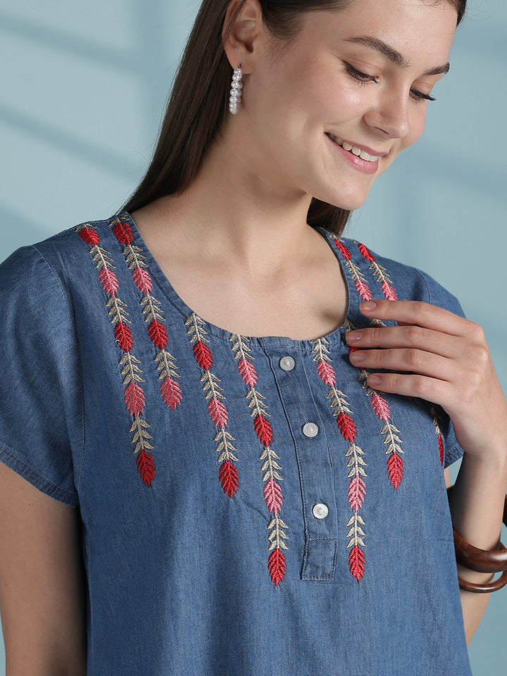 Sky blue denim nighty for women with embroidered neck