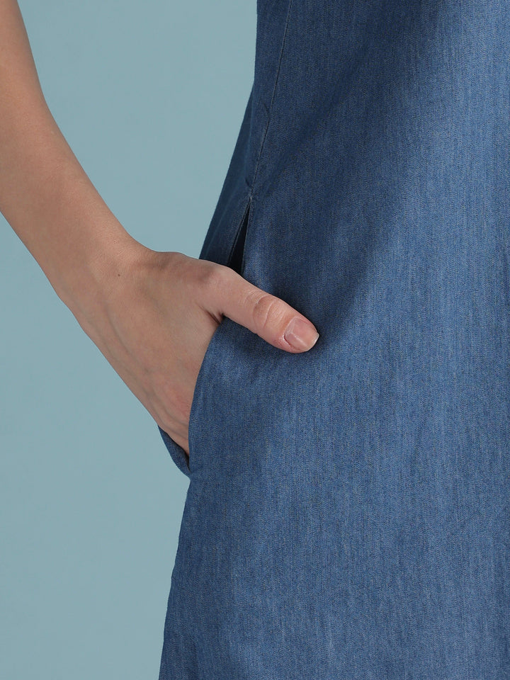 Sky blue denim nighty for women with embroidered neck