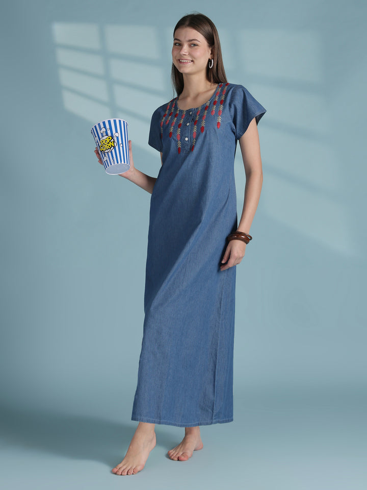 Sky blue denim nighty for women with embroidered neck