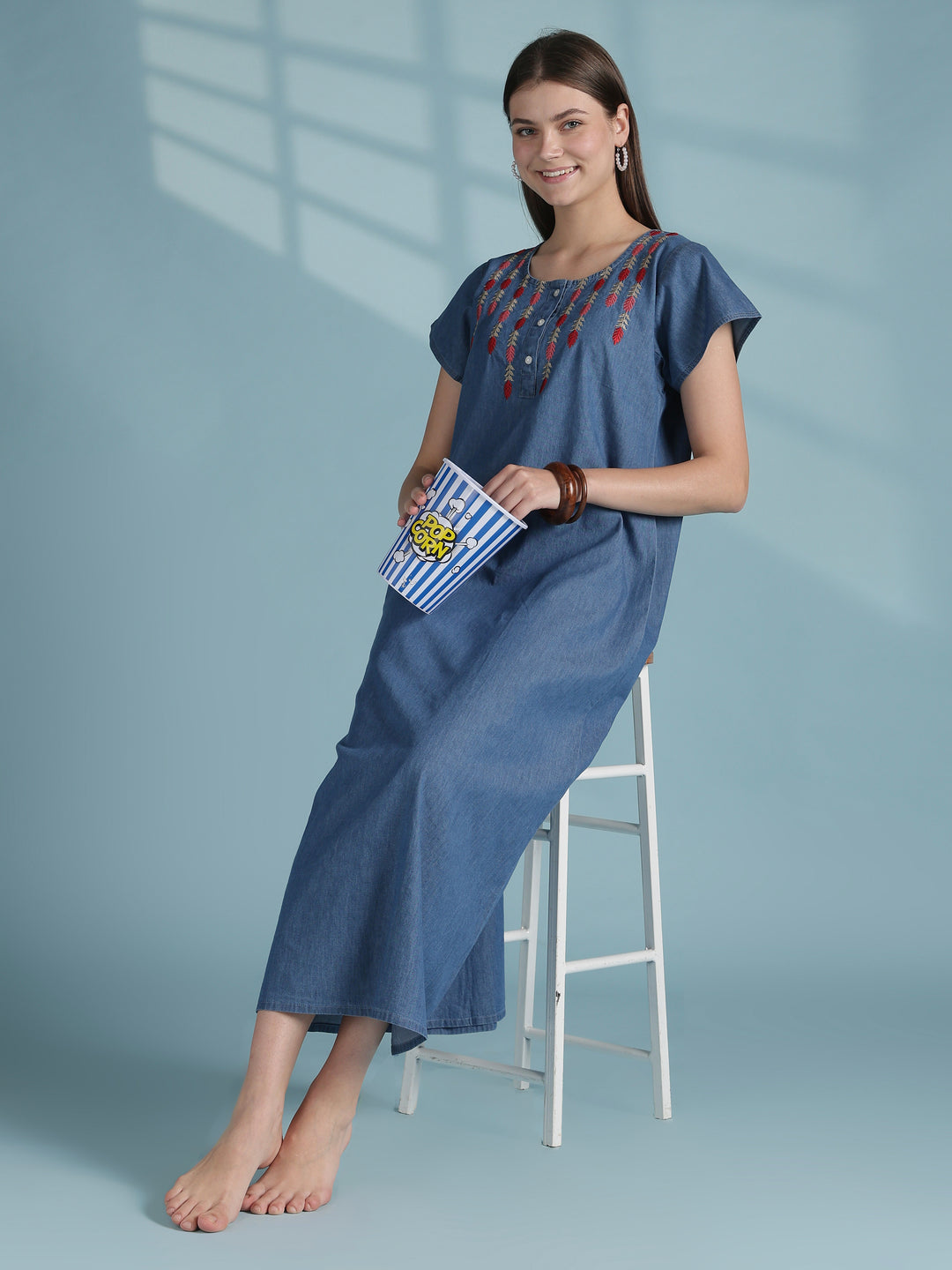 Sky blue denim nighty for women with embroidered neck