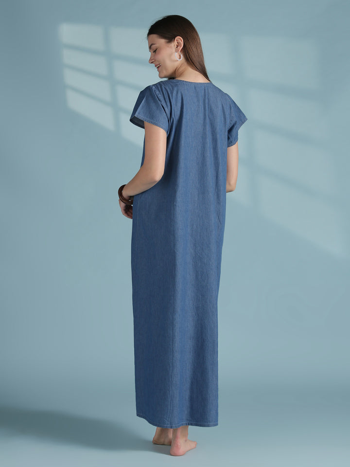 Sky blue denim nighty for women with embroidered neck