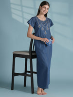 Star Tassel Embroidered Designer Nighty for Women Sky Blue