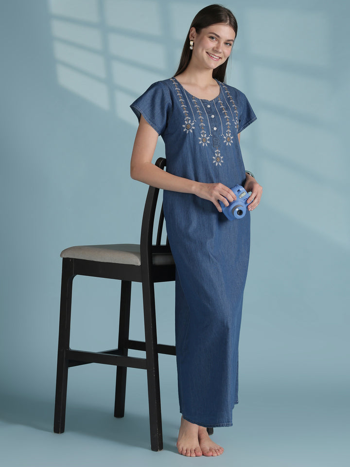 Star tassel blue embroidery nighty dress for women online