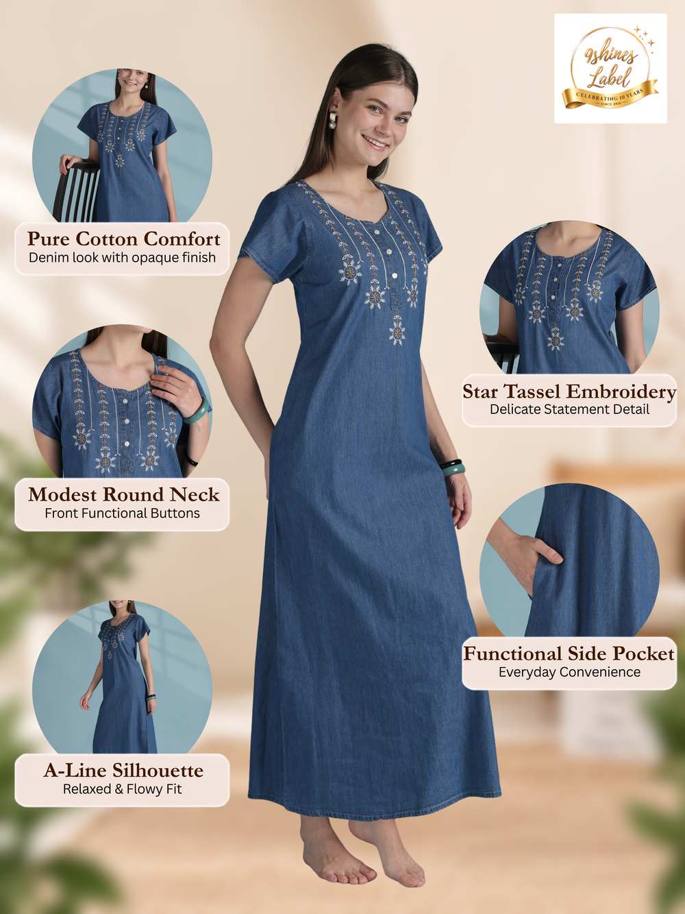 Star tassel blue embroidery nighty dress for women online