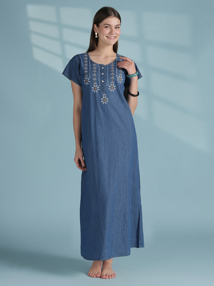 Star tassel blue embroidery nighty dress for women online