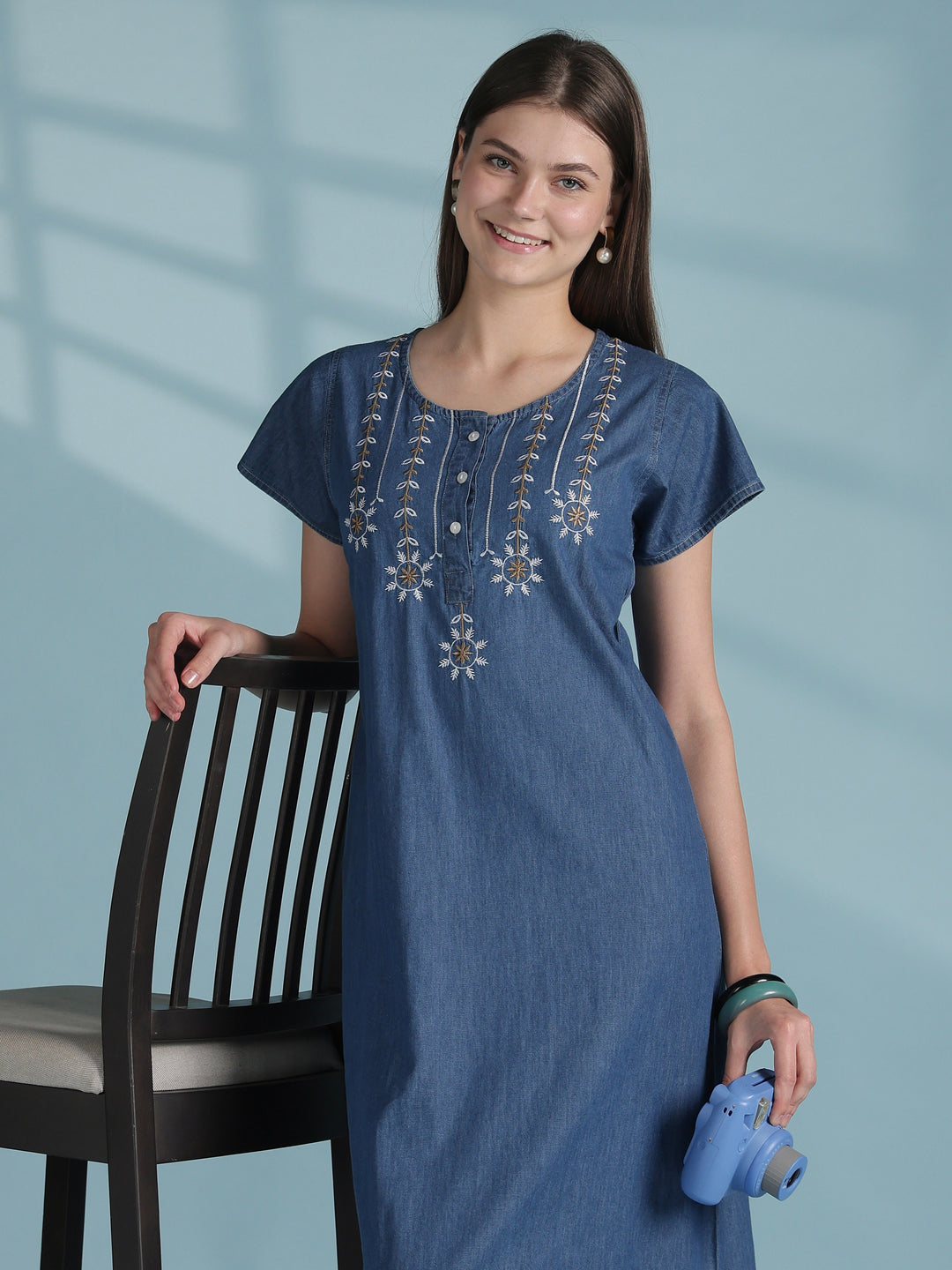Star tassel blue embroidery nighty dress for women online