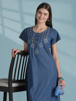 Star Tassel Embroidered Designer Nighty for Women Sky Blue