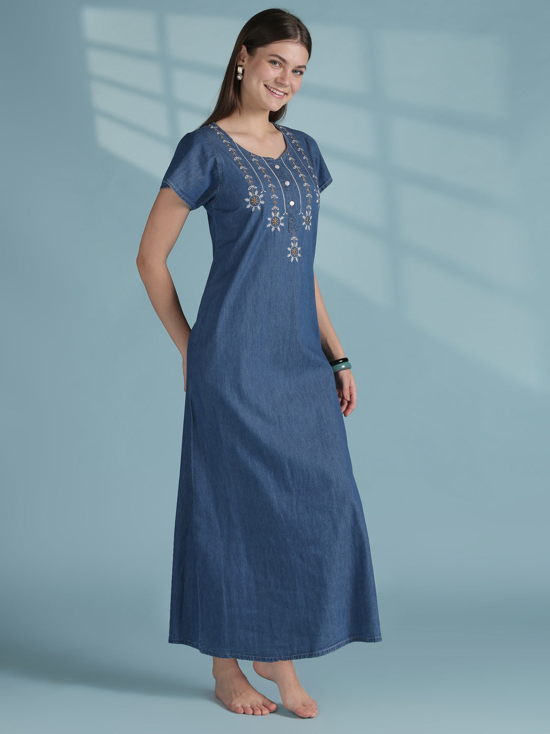 Star tassel blue embroidery nighty dress for women online