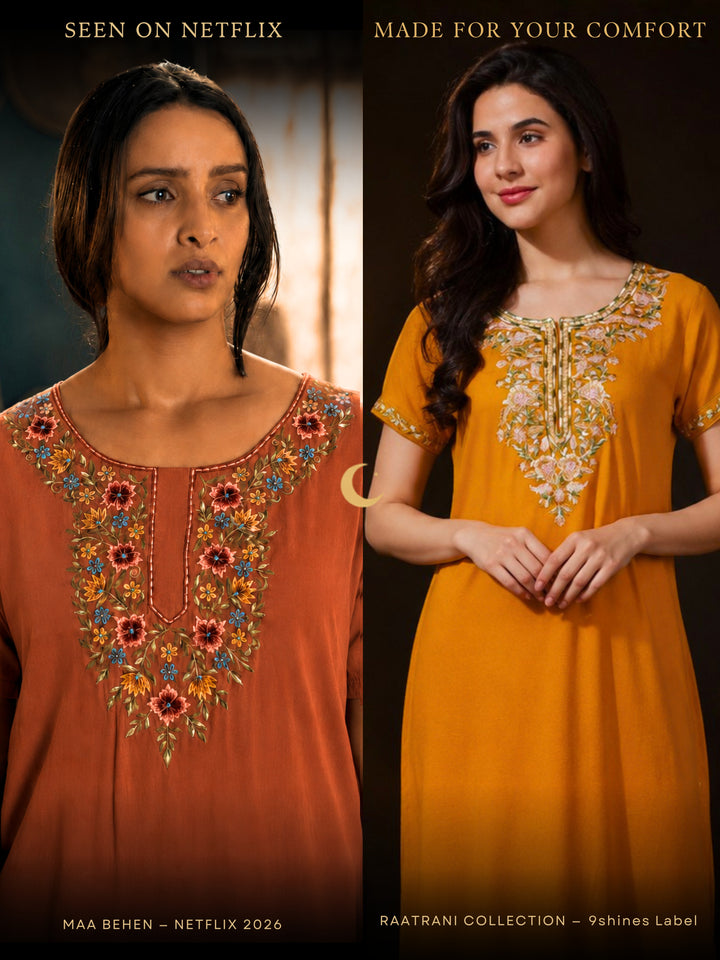 Raatrani Mustard Yellow Alpine Nighty - Luxurious Embroidery & All-Season Comfort