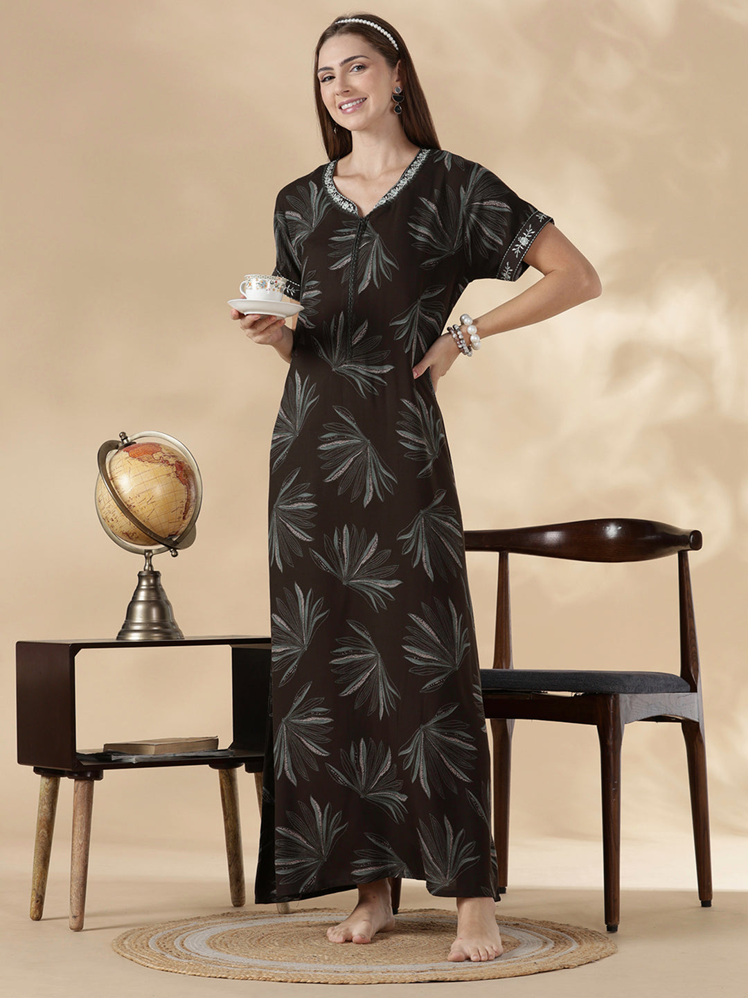 Dusk olive alpine floral cozy feeding nighty for women